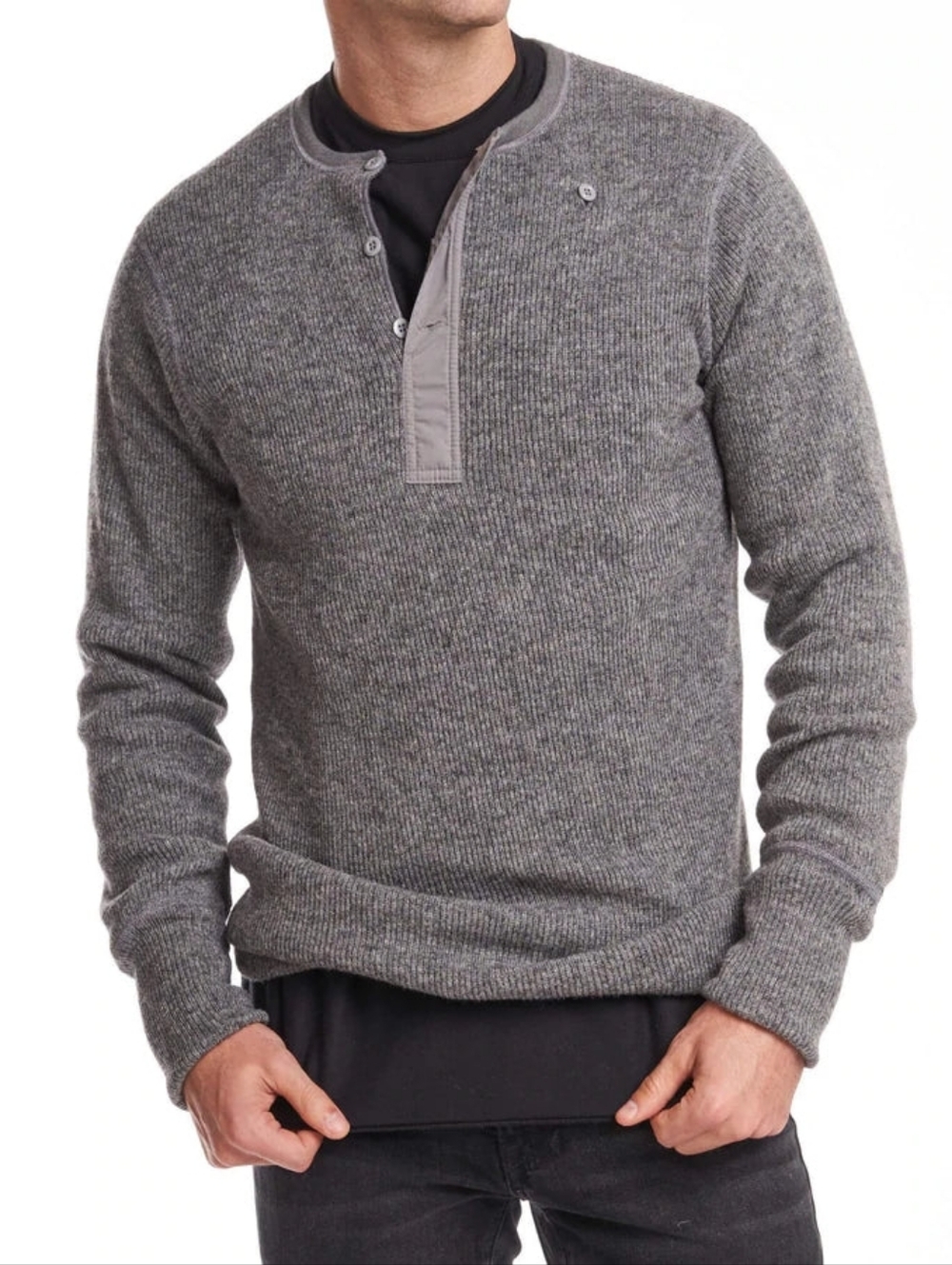 Men's Gray Henley Sweater - Long Sleeve
